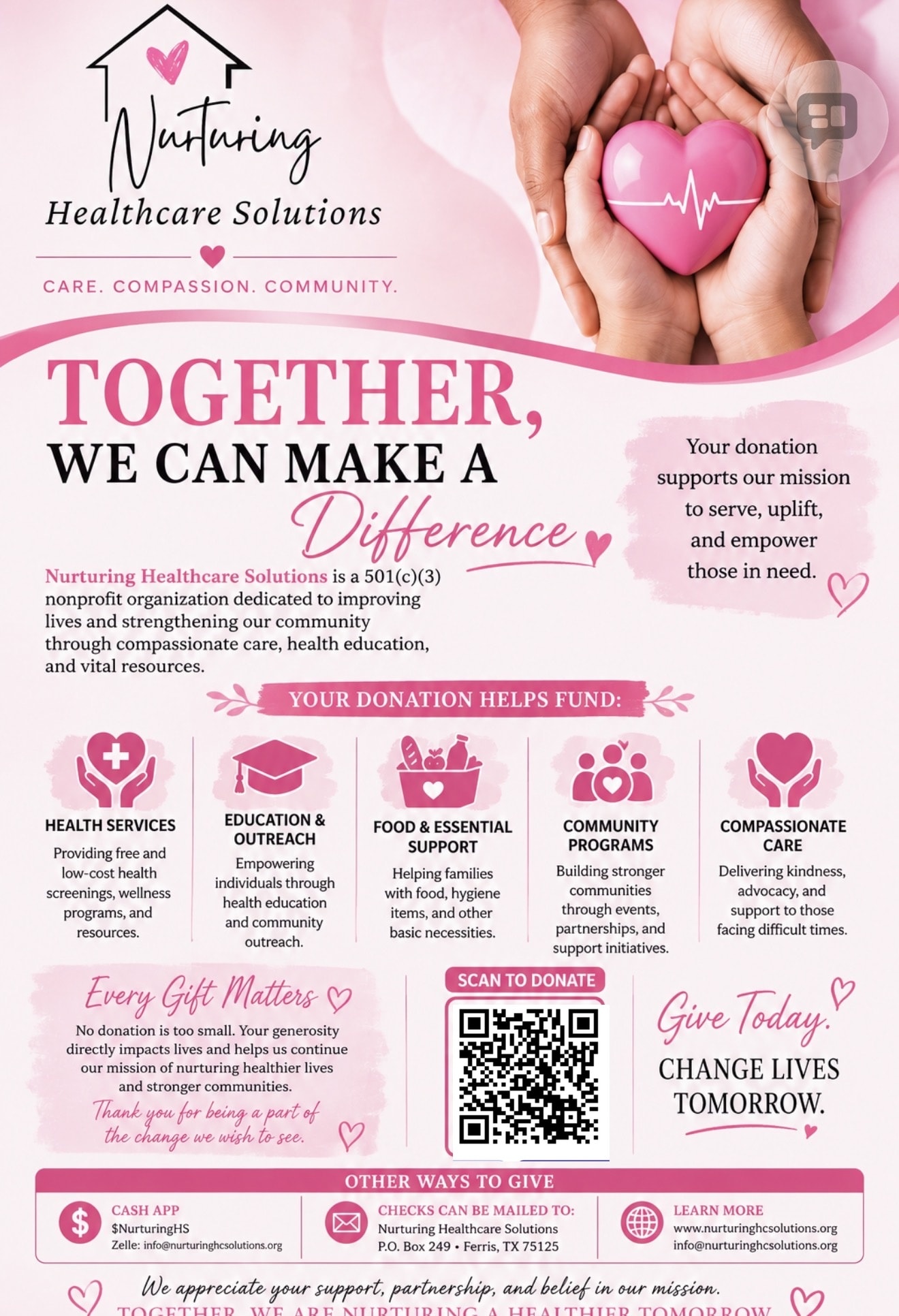 Nurturing Healthcare Solutions General Donations flyer